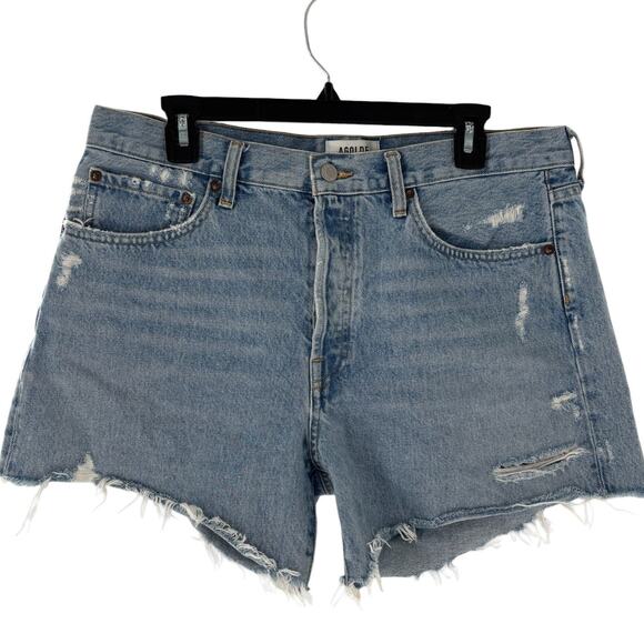 AGOLDE Blue Swapmeet Parker Long Distressed Denim Shorts - Picture 3 of 12